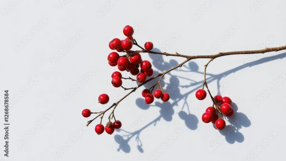 single dry branch with deep red berries against a light gray backdrop, shadow, nature, foliage single dry branch with deep red berries against a light gray backdrop, shadow, nature, foliage