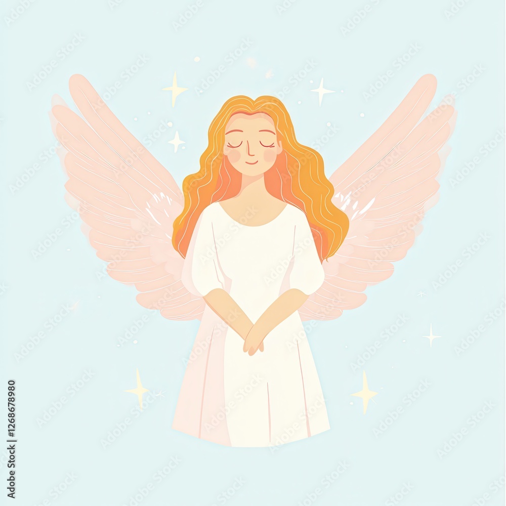 Soft color angel, peaceful expression, ethereal atmosphere, flat design illustration