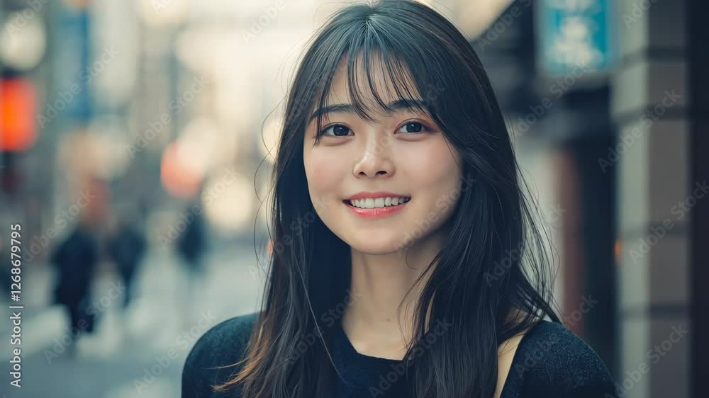 young Asian Japanese woman smiling at urban city street young Asian Japanese woman smiling at urban city street