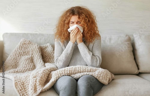 Red-haired woman sitting on a couch, blowing her nose into a tissue, looking unwell