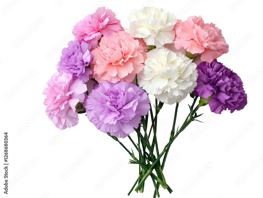 A bright arrangement of pink, purple, and white carnations, isolated on a transparent background, PNG file. A bright arrangement of pink, purple, and white carnations, isolated on a transparent background, PNG file.