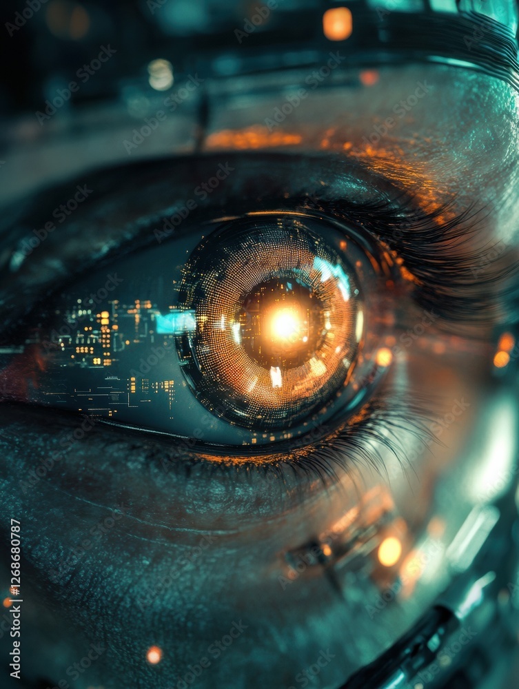 Close up of a futuristic robotic eye glowing softly amid intricate circuits and modern technology at twilight. Generative AI Close up of a futuristic robotic eye glowing softly amid intricate circuits and modern technology at twilight. Generative AI