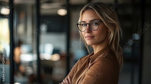Confident female professional in a modern office  embodying focus and determination.