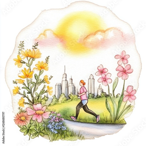 Woman Running in Vibrant Urban Park Surrounded by Colorful Flowers and City Skyline Under Bright Sunshine and Blue Sky photo