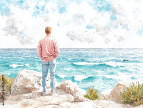 Young Man Standing by the Ocean Looking at the Horizon with Clear Sky and Waves in a Beautiful Watercolor Painting photo