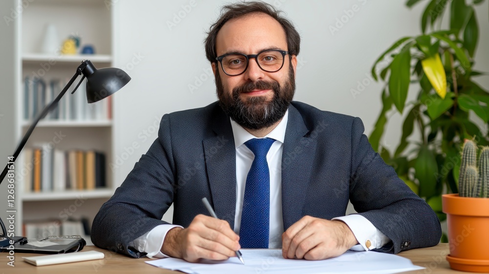 Smiling man with beard in navy blue patterned blazer and blue tie sits at wooden desk writing. Indoor setting with bookshelf, lamp, and plants Smiling man with beard in navy blue patterned blazer and blue tie sits at wooden desk writing. Indoor setting with bookshelf, lamp, and plants