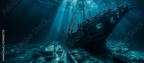 Schooner Ship Vintage view of a sailing ship, a sunken ship. Grand view of an old sailing ship from the times of pirates and the Middle Ages on the high seas in underwater, background