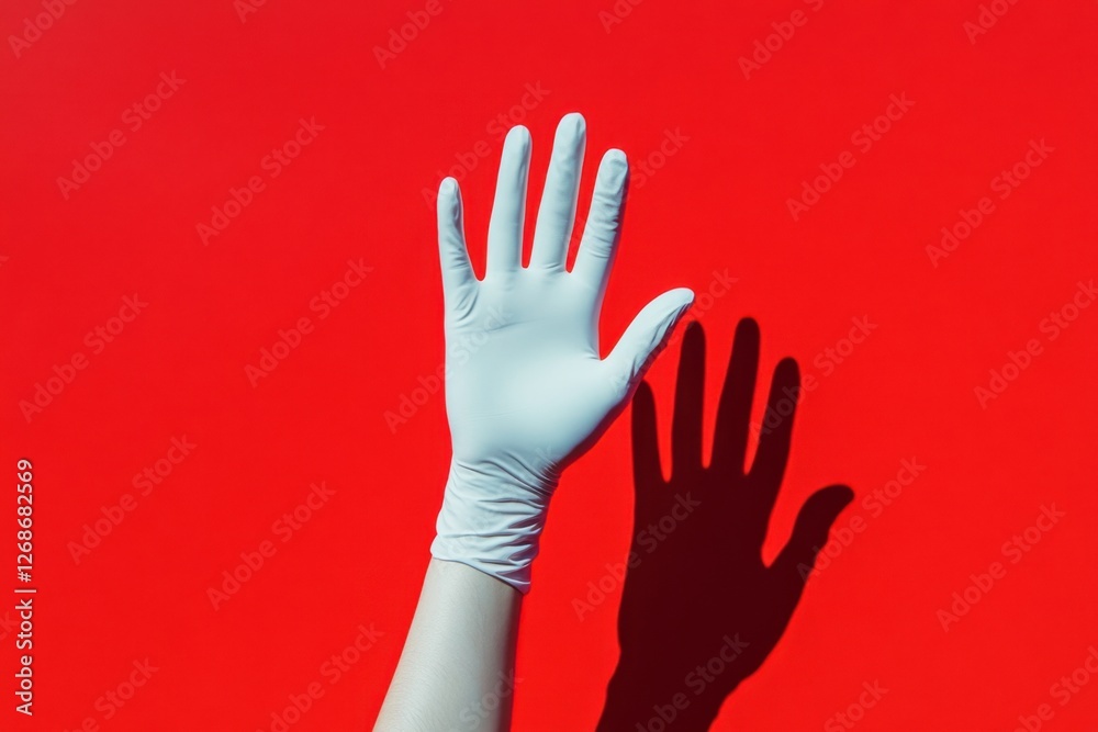 A gloved hand reaches upward on a striking red background A gloved hand reaches upward on a striking red background