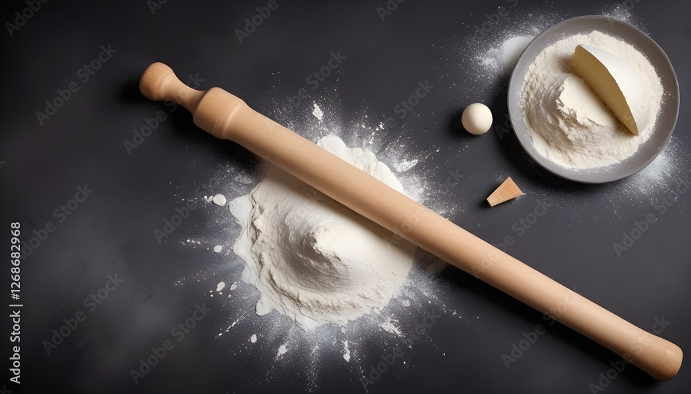 Preparation of the dough. The rolling pin with flour on a dark background. Free space for text.