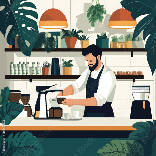 A flat 2D vector of a barista making coffee in a trendy cafe