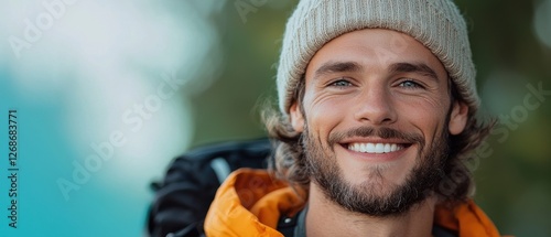 Young man smiling warmly while outdoors in a winter jacket with a hat during a sunny day in a mountainous region