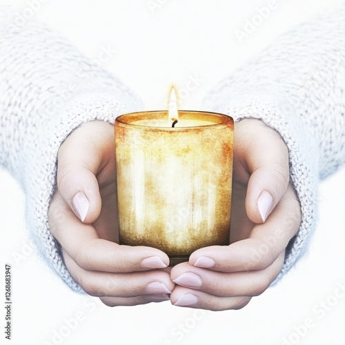 Warm Glow of a Candle Held in Hands with Soft Textured Sweater, Symbolizing Serenity and Comfort in Minimalist Style photo