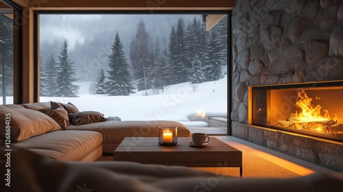 Cozy winter retreat featuring a warm fire inside a modern living room with snowy mountain views