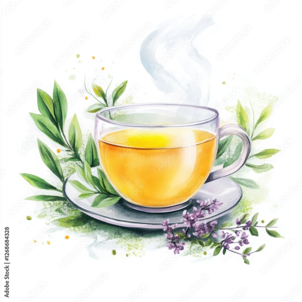 Tranquil Herbal Tea in Clear Glass Cup with Fresh Green Leaves and Gentle Steam Rising, Surrounded by Delicate Floral Accents for Relaxation and Comfort Tranquil Herbal Tea in Clear Glass Cup with Fresh Green Leaves and Gentle Steam Rising, Surrounded by Delicate Floral Accents for Relaxation and Comfort
