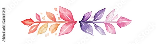 Colorful Watercolor Leaves Design with Gradient Shades Creating a Symmetrical Artistic Element for Various Creative Projects