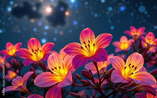 A stunning close-up of vibrant, glowing flowers in full bloom, illuminated with soft golden light.