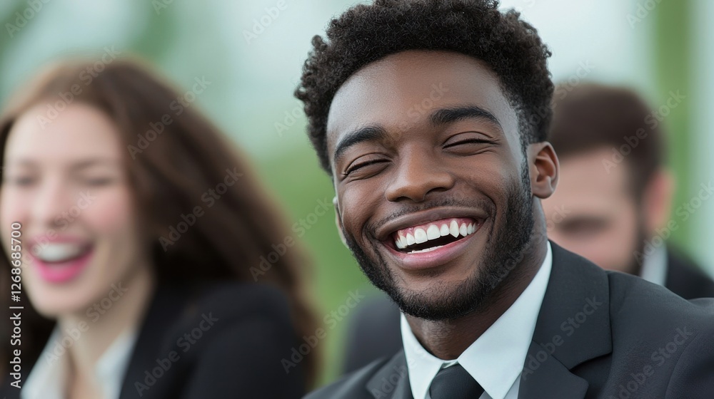 Smiling man in business attire enjoying an outdoor gathering during a sunny day surrounded by colleagues Smiling man in business attire enjoying an outdoor gathering during a sunny day surrounded by colleagues