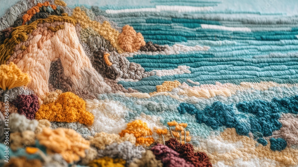 Charming coastal vista, soft yarn cliffs, vibrant woven waves, serene seascape, tranquil atmosphere, inviting shoreline, picturesque horizon Charming coastal vista, soft yarn cliffs, vibrant woven waves, serene seascape, tranquil atmosphere, inviting shoreline, picturesque horizon