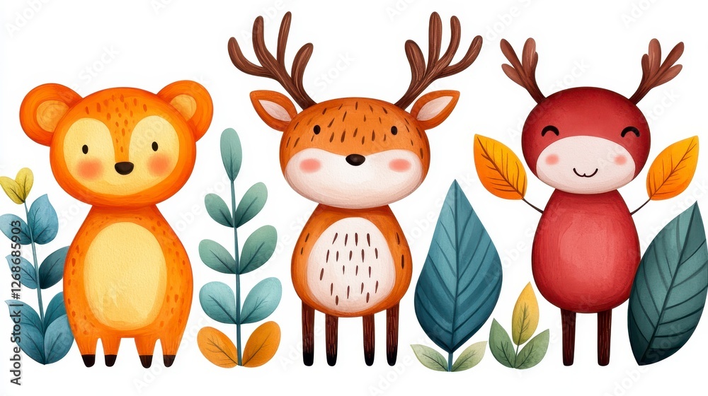 Naklejka premium Adorable cartoon animals in autumnal setting. A brown bear, two deer in orange and red hues, surrounded by teal and green foliage, against a white