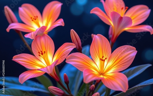 A stunning close-up of vibrant, glowing flowers in full bloom, illuminated with soft golden light.