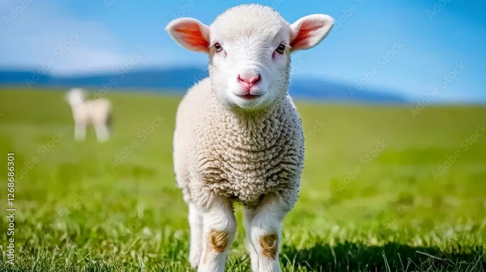 Fototapeta premium Adorable lamb standing in a lush green pasture under a bright blue sky. Another lamb is visible in the soft focus background