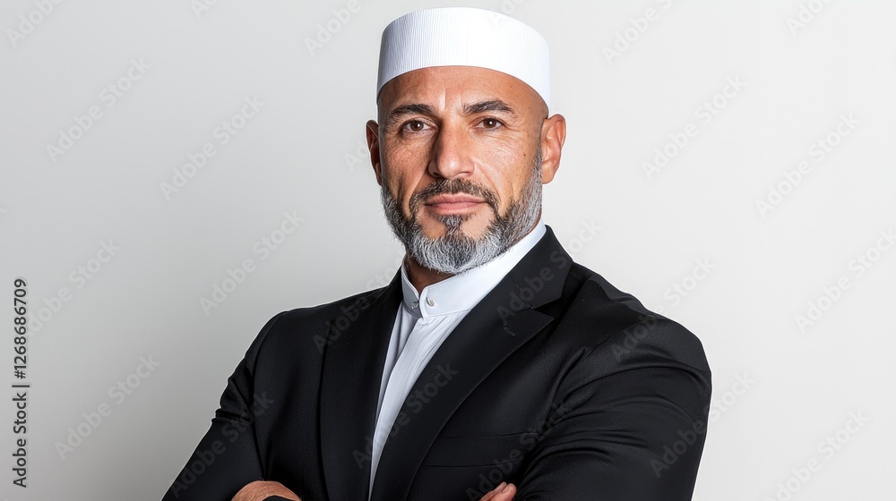 Middle-aged man in business suit and traditional hat, serious expression, studio portrait Middle-aged man in business suit and traditional hat, serious expression, studio portrait