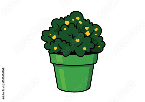 Clip art plant pot with flower. A green pot with lush green foliage and small yellow flowers. Vector illustration design.