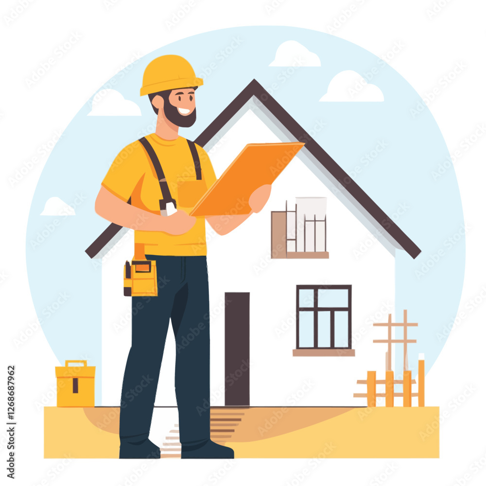 A flat 2D vector of a construction worker building a house A flat 2D vector of a construction worker building a house