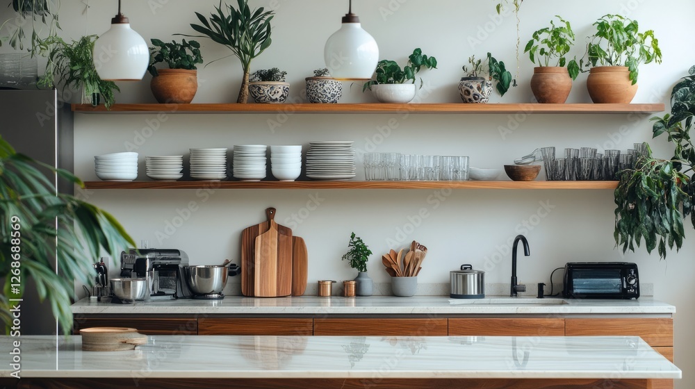 Modern Kitchen Design: Marble Countertops, Pendant Lights, & Open Shelving Modern Kitchen Design: Marble Countertops, Pendant Lights, & Open Shelving