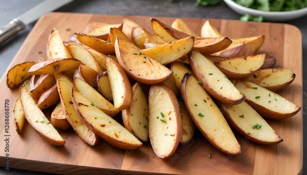 Roasted potato wedges on cutting board Roasted potato wedges on cutting board