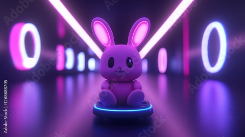 Pink pixelated rabbit sits on a futuristic hover platform in a neon lit space. Surrounded by glowing purple and pink circles and lines, creating a