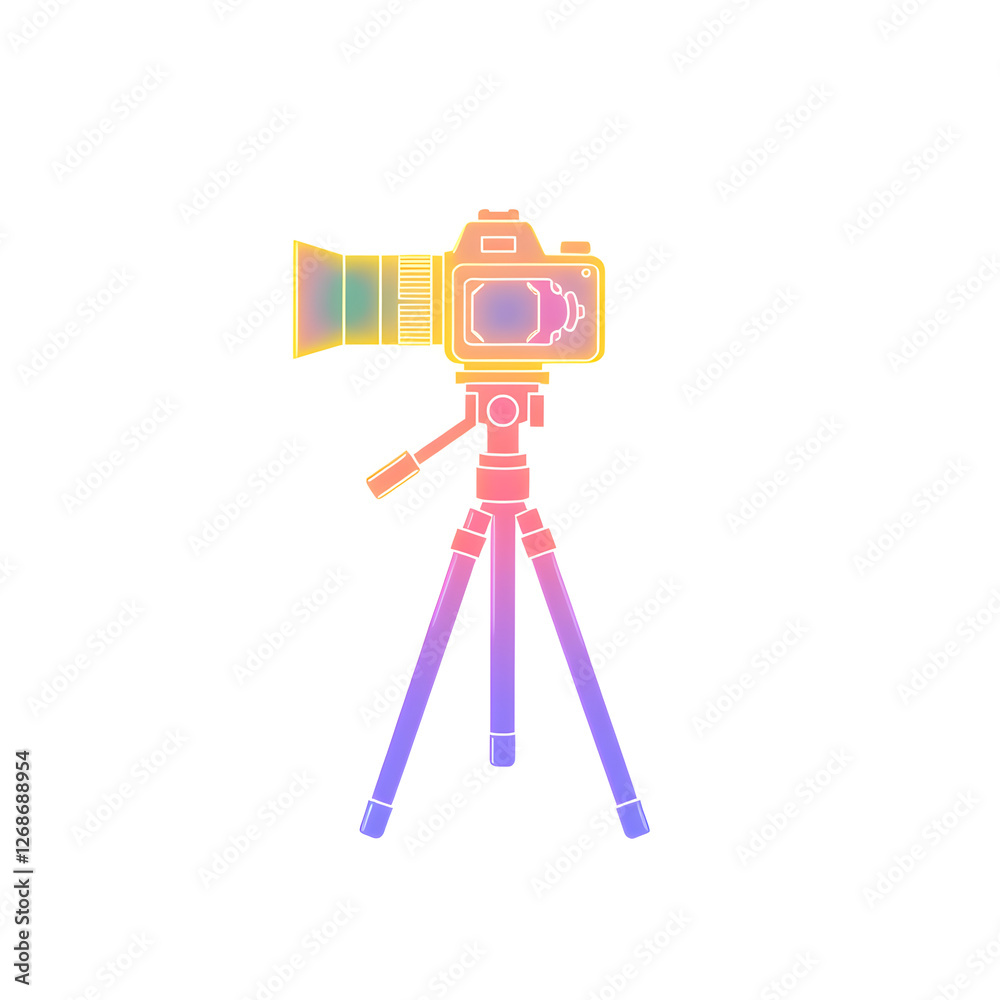 Obraz premium Camera with tripod holographic 3D icon. neon symbol vector illustration isolated on white background. Generative AI