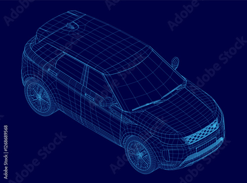 A blue car with a blue background. The car is shown in a 3D format. Isometric view