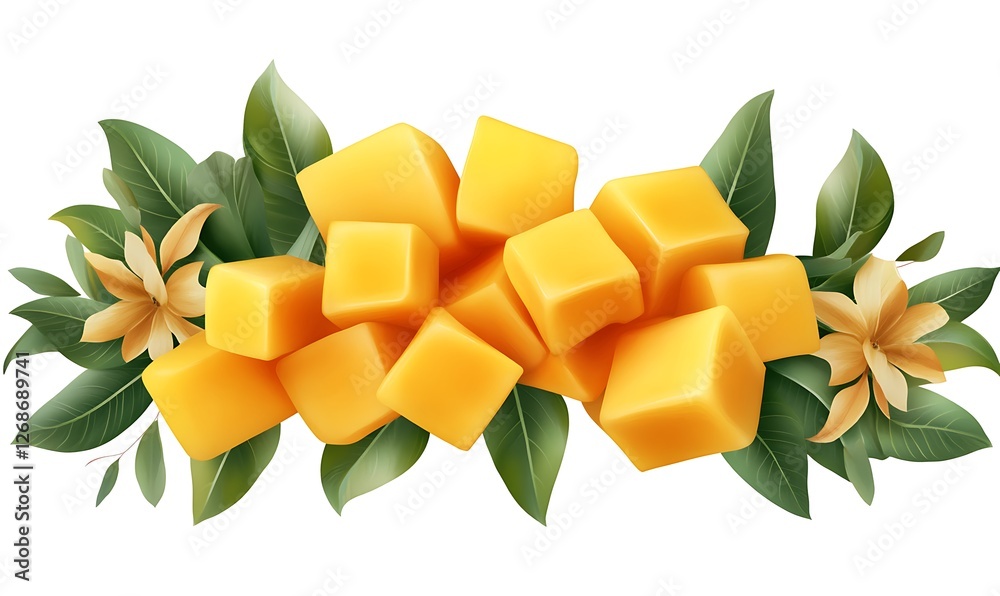 Mango pieces flying in the air, mango slices and cubes, mango leaves on a white background Mango pieces flying in the air, mango slices and cubes, mango leaves on a white background