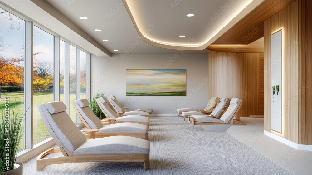 Serene Spa Relaxation Room with Nature View Serene Spa Relaxation Room with Nature View