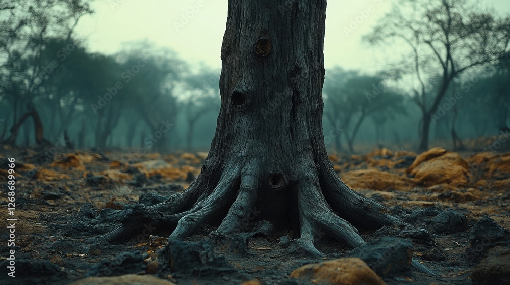 Majestic tree with exposed roots stands alone in a foggy forest during early morning light Majestic tree with exposed roots stands alone in a foggy forest during early morning light
