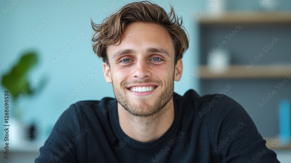 Smiling young man in casual black sweater sitting at a desk with bright blue background in a modern indoor setting Smiling young man in casual black sweater sitting at a desk with bright blue background in a modern indoor setting
