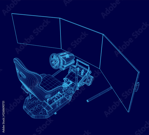 A blue drawing of a vehicle with a cockpit and a cockpit console. The cockpit console is a joystick and a steering wheel