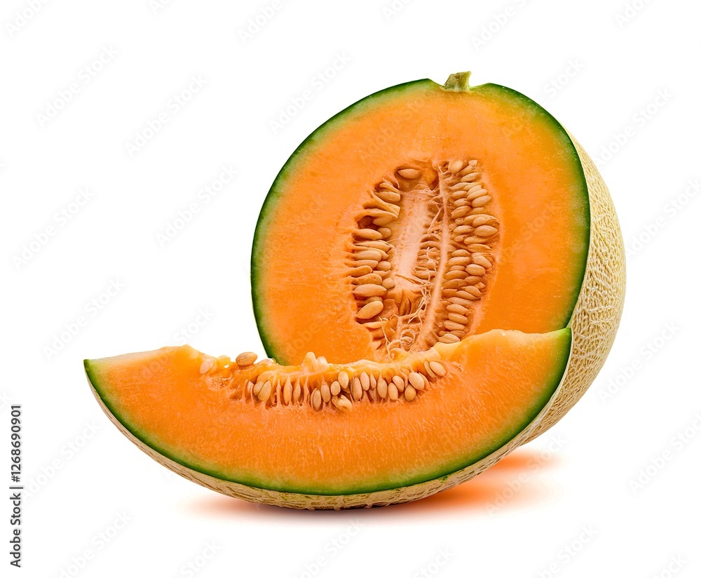 Orange cantaloupe melon fruit sliced isolated on white background Orange cantaloupe melon fruit sliced isolated on white background