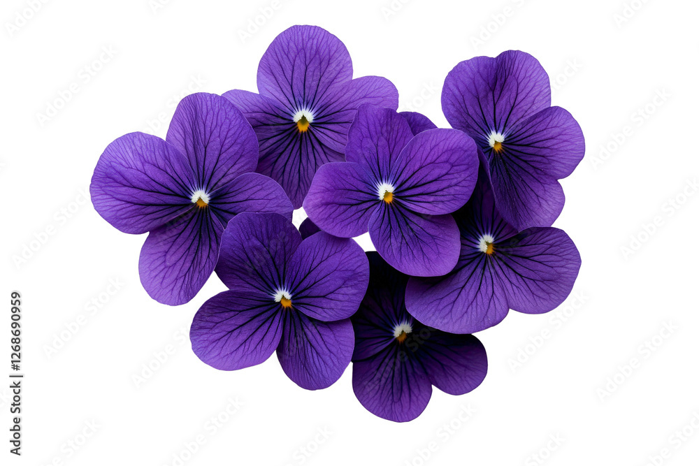 A cluster of blooming violets with deep purple petals, isolated on a transparent background, PNG file. A cluster of blooming violets with deep purple petals, isolated on a transparent background, PNG file.