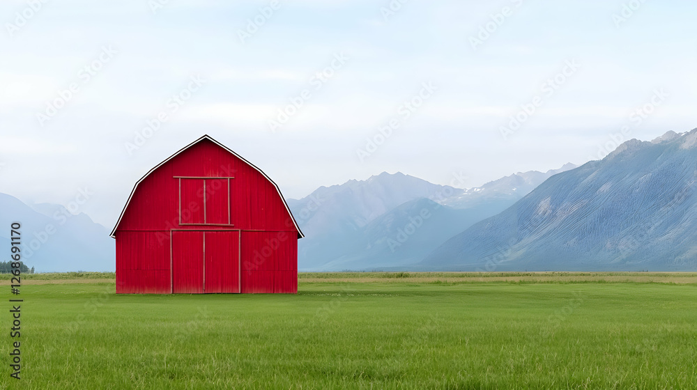 Red barn in green field, mountain backdrop. Rural scene, idyllic landscape, postcard image Red barn in green field, mountain backdrop. Rural scene, idyllic landscape, postcard image