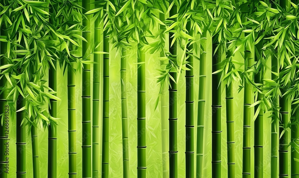 Fototapeta premium A vibrant green bamboo background with detailed textures, perfect for creating an elegant and exotic Asian-inspired setting for product photography. The bamboo stalks form the bamboo forest background