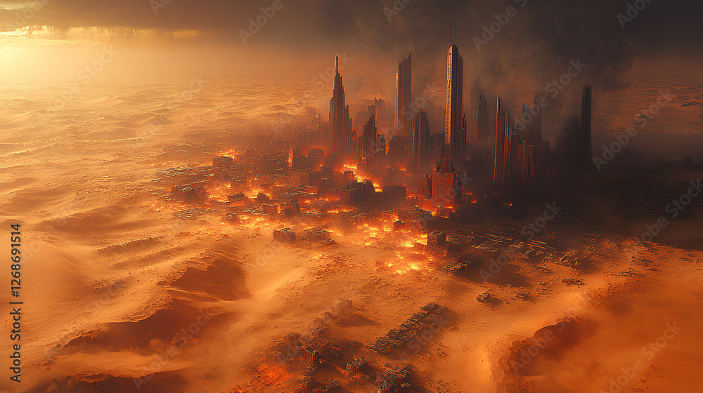 Naklejka premium A post-apocalyptic world gripped by desertification. Once great metropolises are now buried under miles of shifting sand dunes, with only the tallest skyscrapers rising above them.8K