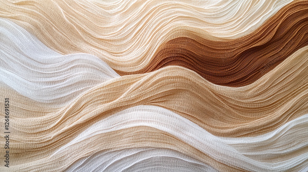Textured yarn desert landscape, intricate sand dunes, vibrant woven sky hues, a blend of color and form in an abstract setting