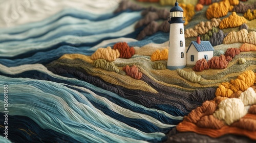 Coastal Lighthouse with Yarn Waves and Woven Cliffs, a vibrant depiction of maritime serenity and artistic craftsmanship in a coastal setting photo