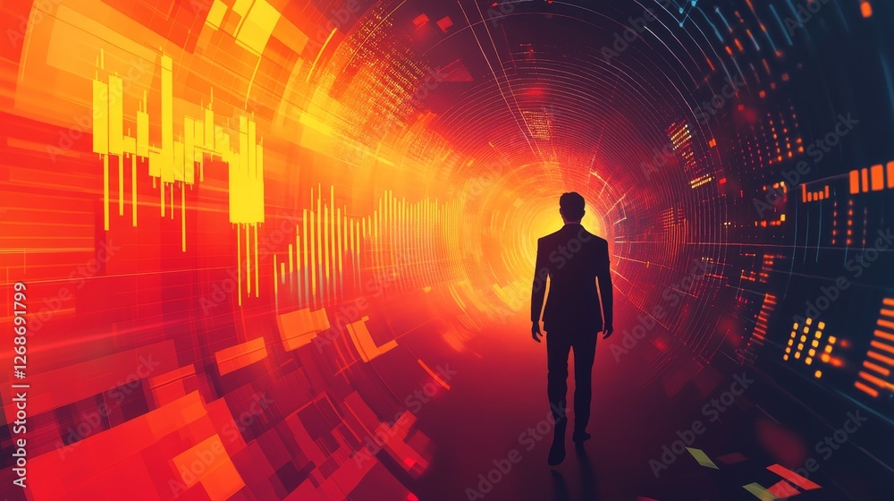 Businessperson navigating a luminous tunnel, illuminated pathways creating an inspiring atmosphere for innovation and progress. Businessperson navigating a luminous tunnel, illuminated pathways creating an inspiring atmosphere for innovation and progress.