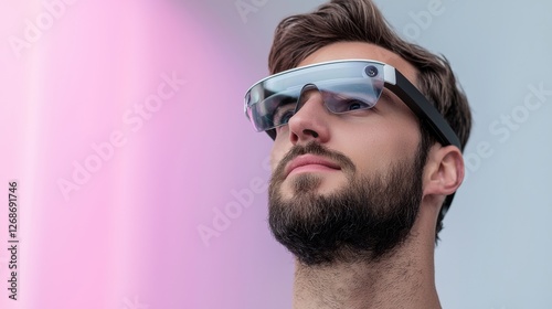 Man wears augmented reality glasses while observing the surroundings in a modern urban environment during daylight hours