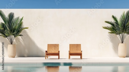 Modern Wooden Chair Poolside with Outdoor Plants