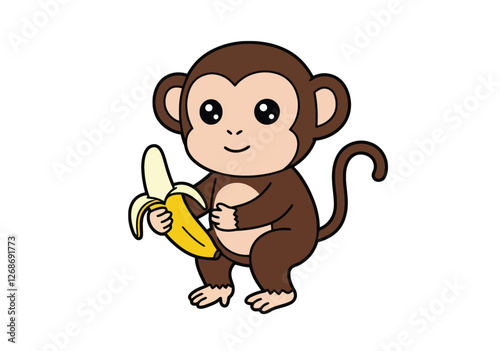 Monkey with banana clipart. A cute cartoon monkey holding a peeled banana. Vector illustration design.