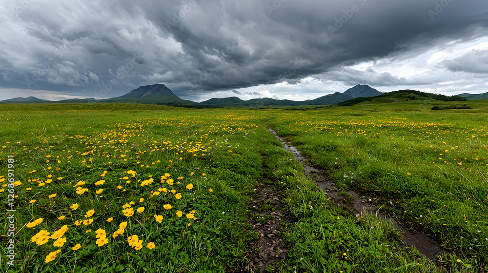 Fototapeta premium Yellow wildflowers bloom in a vast green meadow under dramatic storm clouds in a mountain valley.